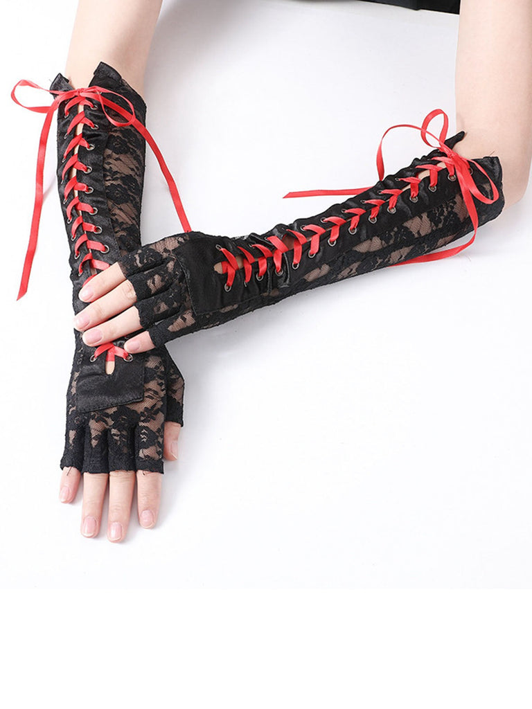 Guanti punk con lacci e mezze dita per feste Halloween