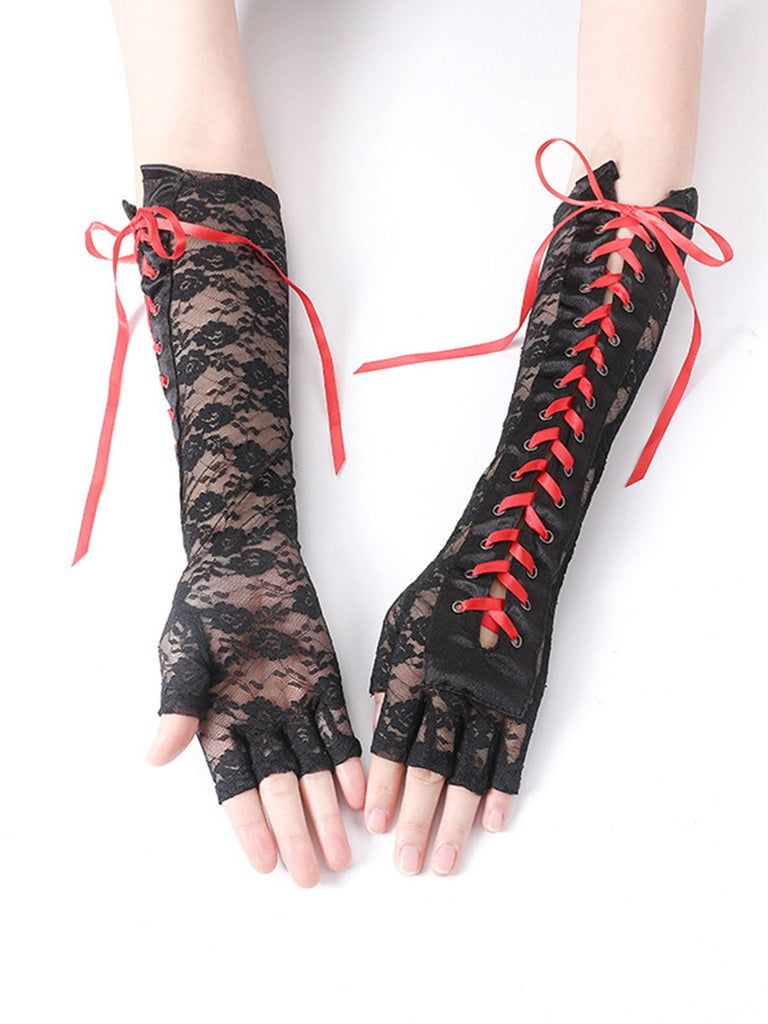 Guanti punk con lacci e mezze dita per feste Halloween