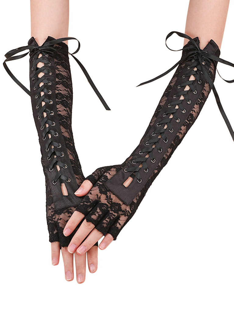 Guanti punk con lacci e mezze dita per feste Halloween