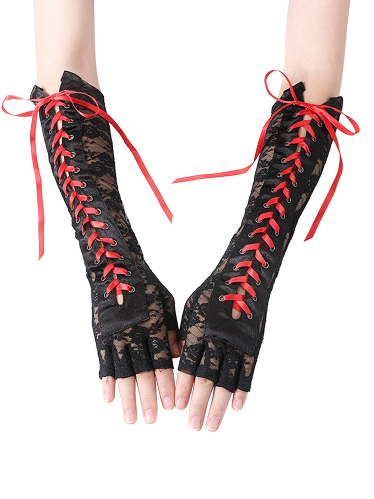 Guanti punk con lacci e mezze dita per feste Halloween