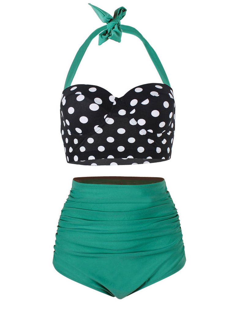 Bikini a pieghe scollo a V e pois anni '50