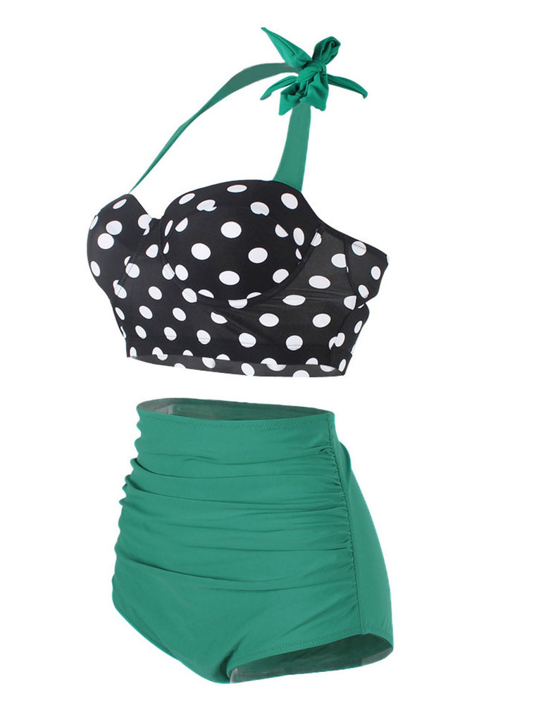 Bikini a pieghe scollo a V e pois anni '50