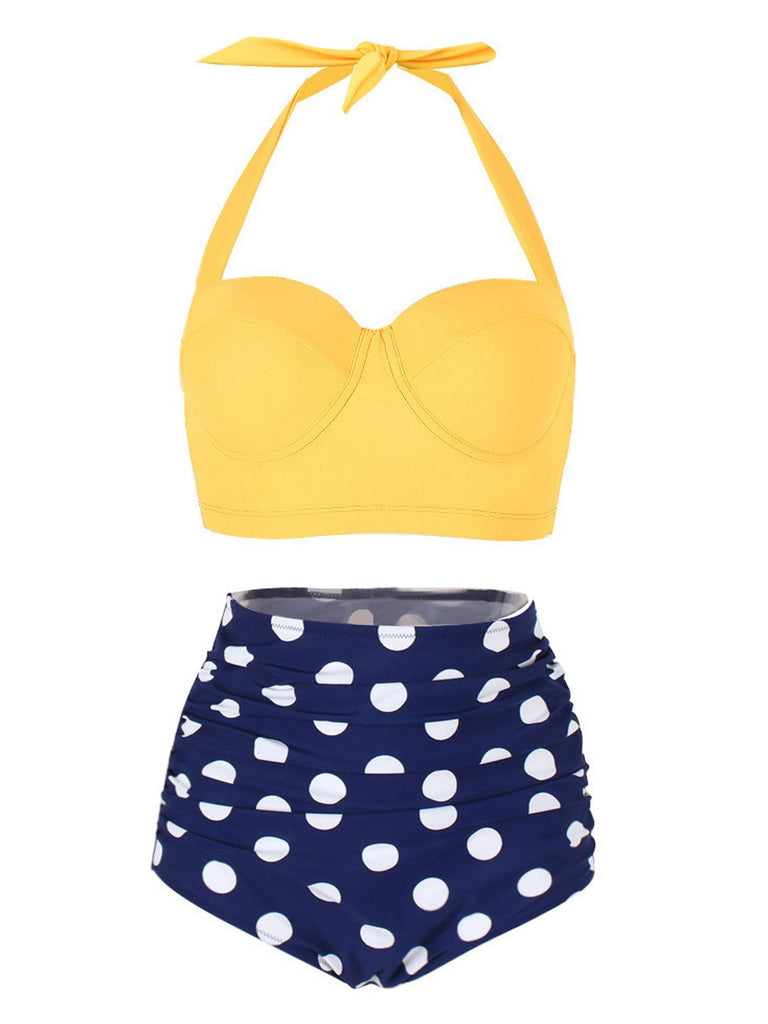 Bikini a pieghe scollo a V e pois anni '50
