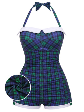 Costumi intero a quadri con fiocco blu e verde anni '50