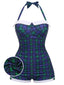 Costumi intero a quadri con fiocco blu e verde anni '50