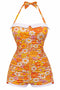 Costumi intero floreale in percalle nodo a fiocco cavezza arancione anni '50