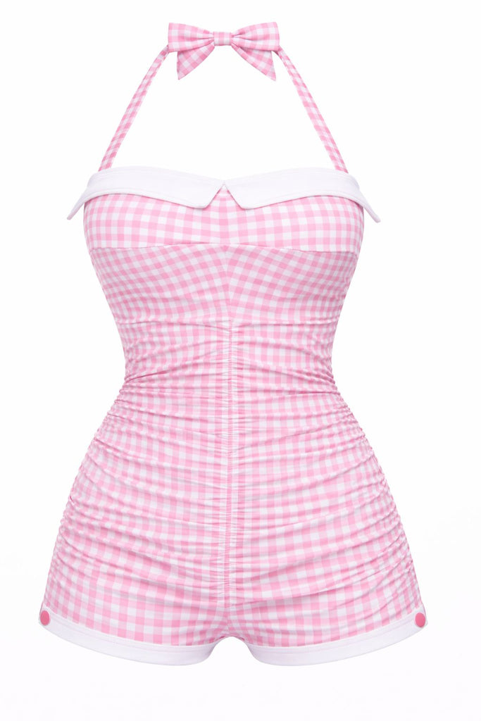 [Pre-Vendita] Costume Intero Rosa a Quadretti Halter con Fiocco Anni '50
