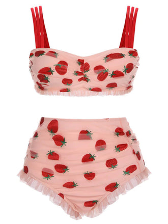[Taglia Forti] Set Bikini e fragole in pizzo con canotta anni '50