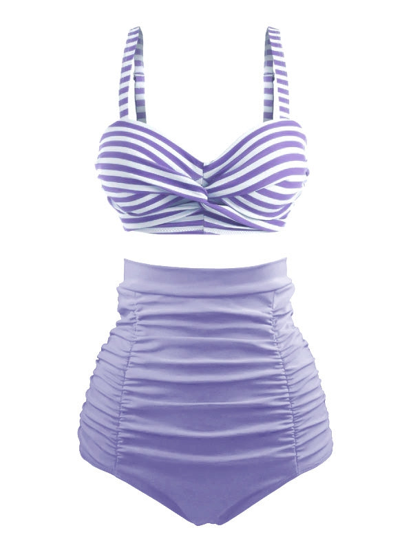 Bikini a righe spalline colorblock retrò nero anni '40