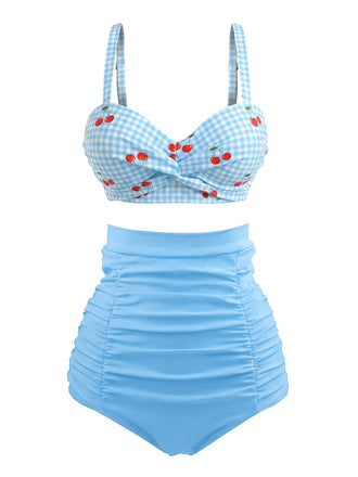[Prevendita] Bikini a quadri spalline ciliegie azzurro cielo anni '40