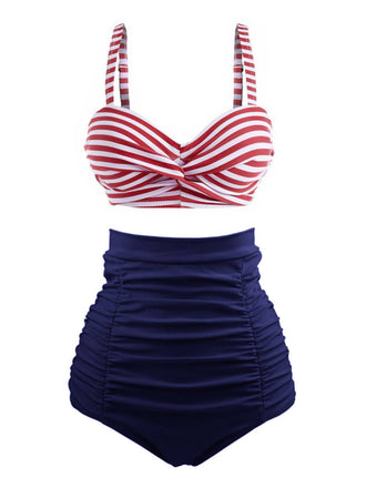 Bikini a righe spalline colorblock blu navy anni '40