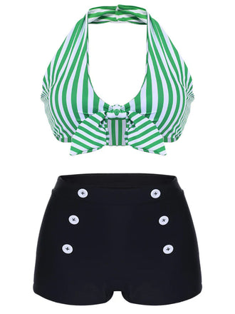 [Taglia Forti] Set Bikini a righe stile retrò verde anni '50