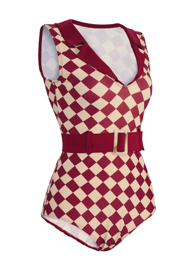 Costumi intero motivo a diamante revers bordeaux anni '30