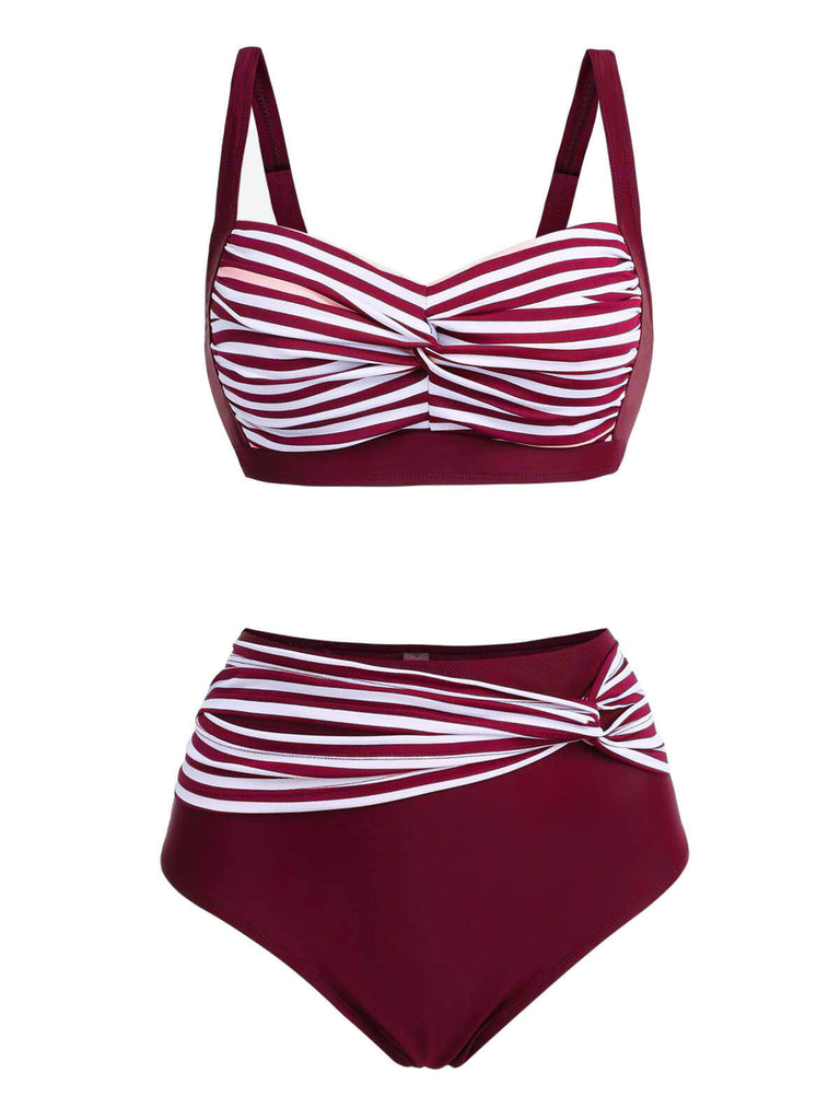 Costumi intrecciate a righe spalline patchwork bordeaux anni '50