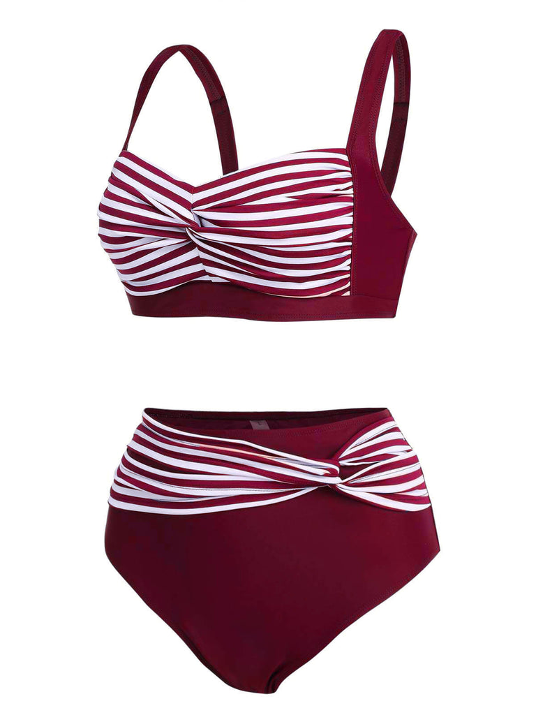 Costumi intrecciate a righe spalline patchwork bordeaux anni '50