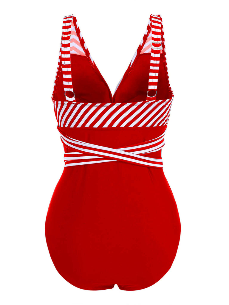 [Taglia Forti] Costumi intero a righe patchwork con lacci anni '50