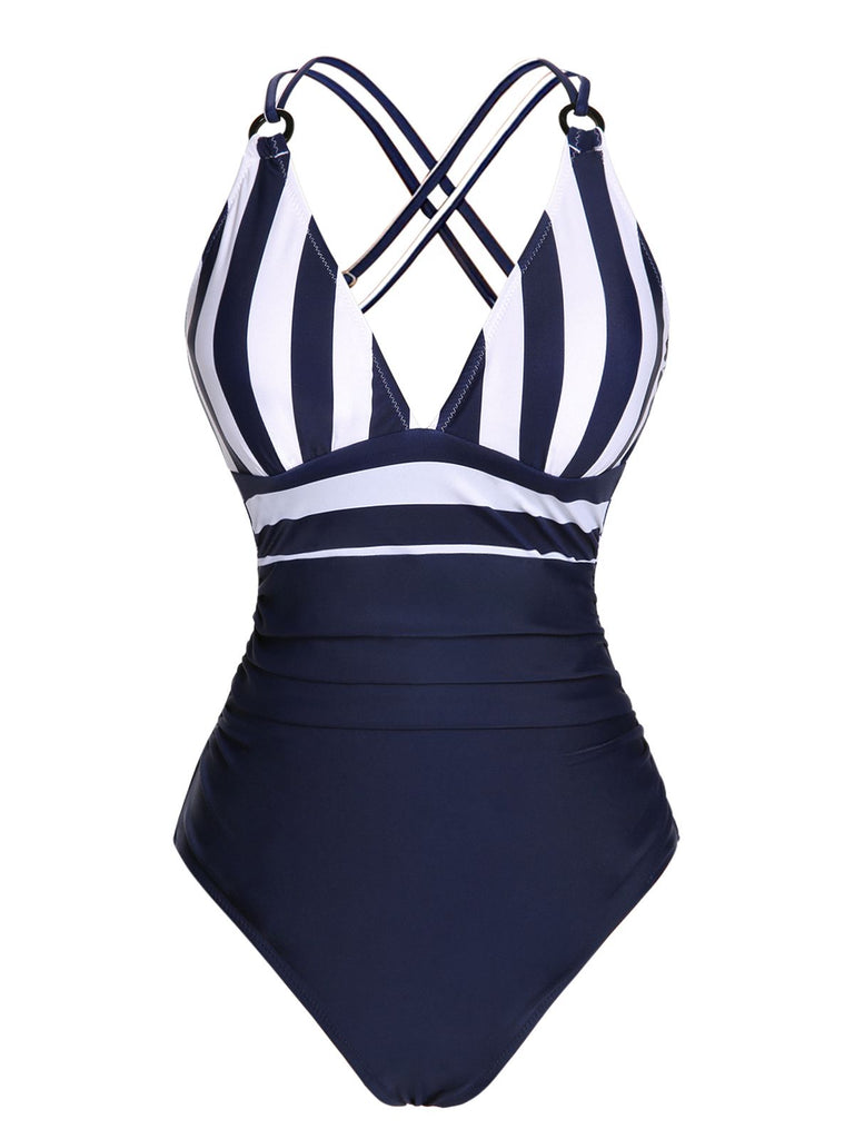 Costumi intero a righe spalline patchwork blu navy anni '50
