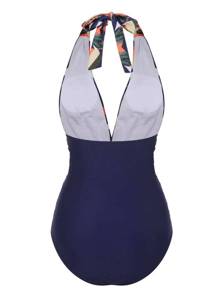 Costumi intero tropicale scollo a V profondo blu anni '40