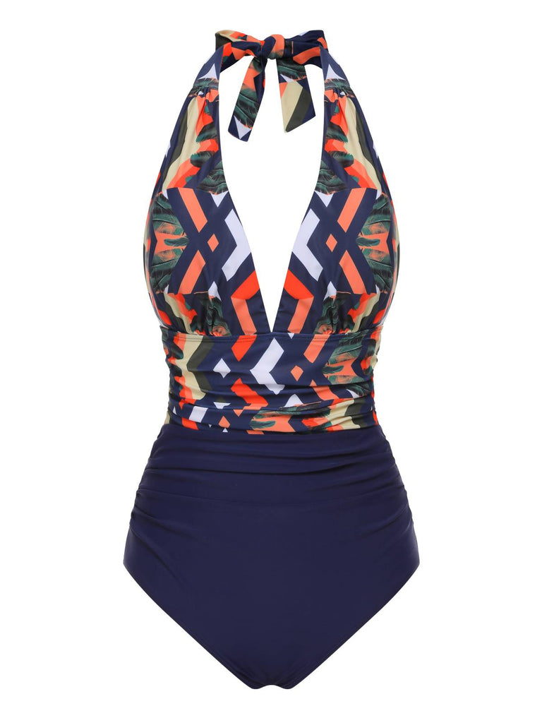 Costumi intero tropicale scollo a V profondo blu anni '40