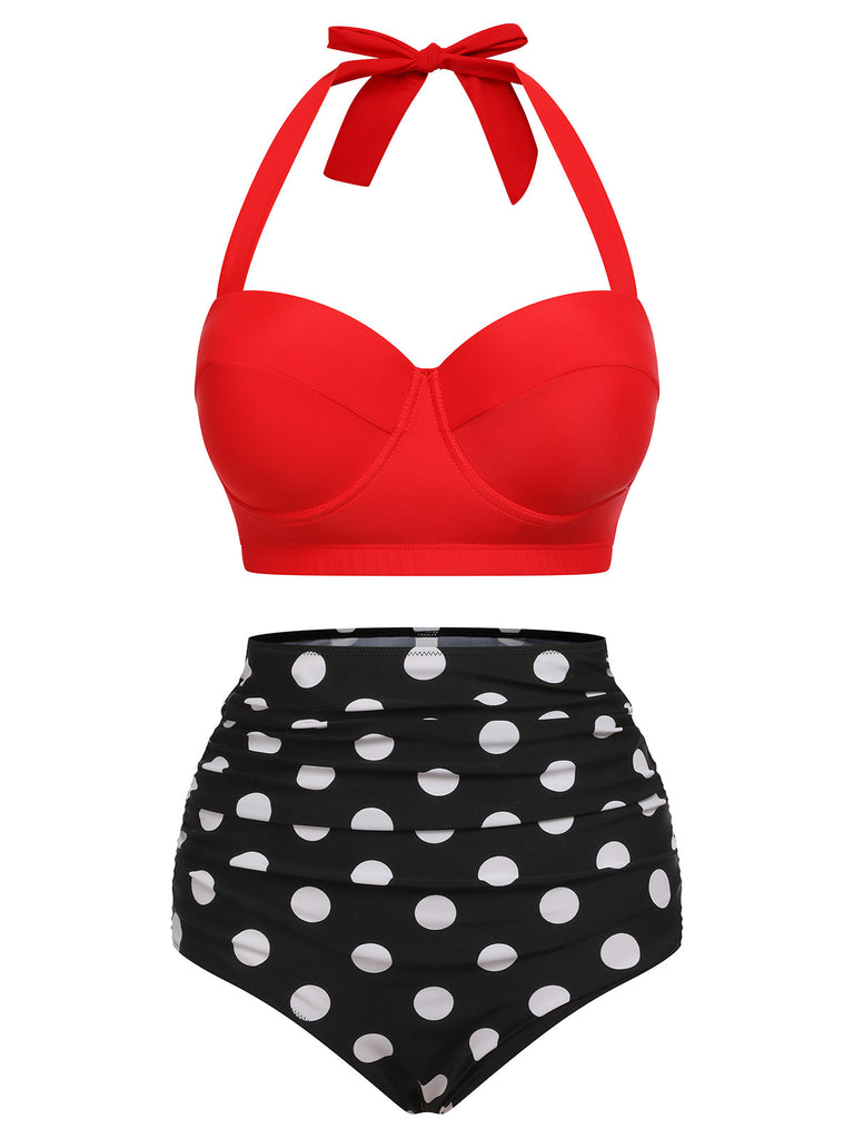 Costumi rosso anni '40 con pois e scollo all'americana