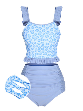 2PCS Costumi leopardato volant patchwork blu anni '40