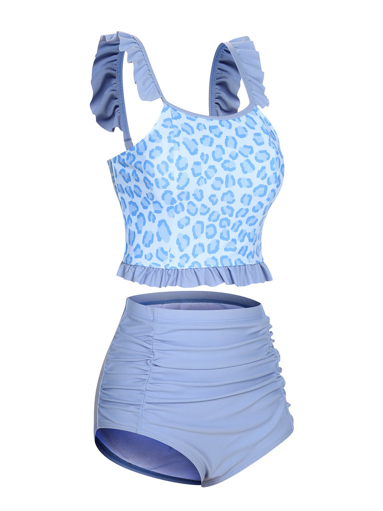 2PCS Costumi leopardato volant patchwork blu anni '40