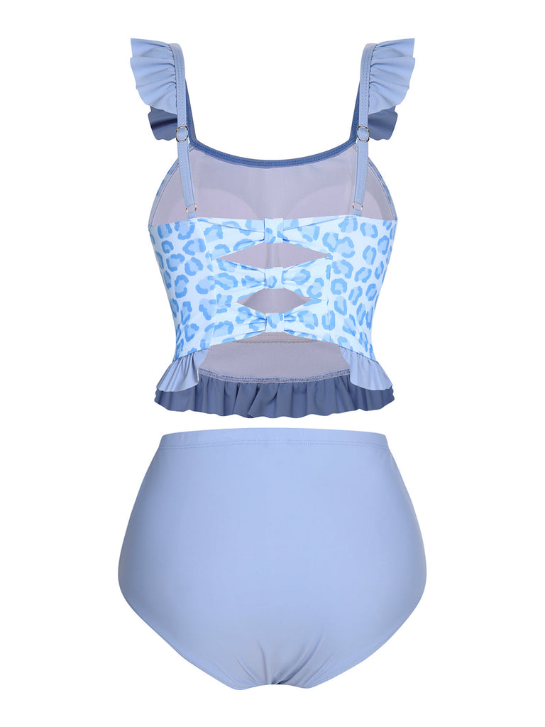 2PCS Costumi leopardato volant patchwork blu anni '40