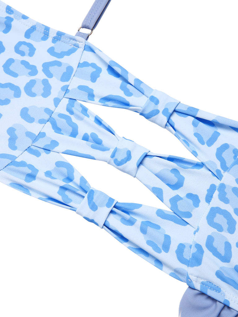 2PCS Costumi leopardato volant patchwork blu anni '40