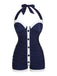 Costumi intero a pieghe scollo all'americana blu navy anni '50