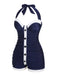 Costumi intero a pieghe scollo all'americana blu navy anni '50