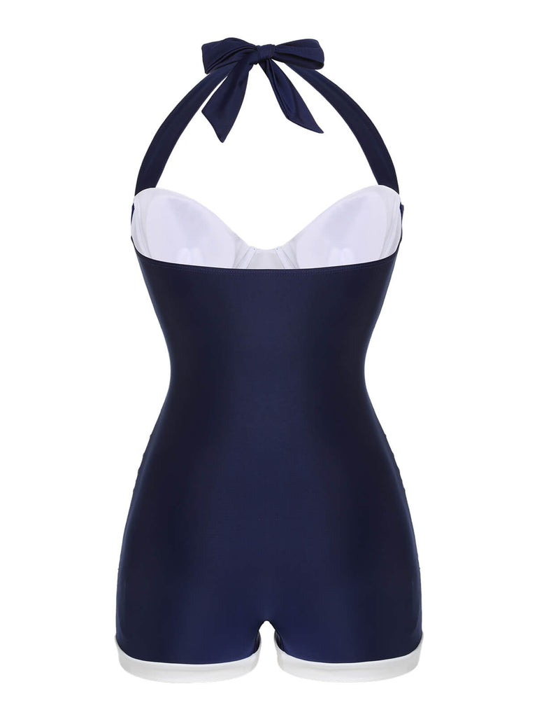 Costumi intero a pieghe scollo all'americana blu navy anni '50
