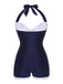 Costumi intero a pieghe scollo all'americana blu navy anni '50