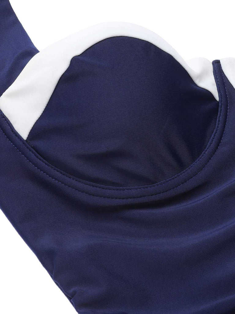 Costumi intero a pieghe scollo all'americana blu navy anni '50