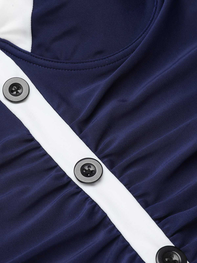 Costumi intero a pieghe scollo all'americana blu navy anni '50