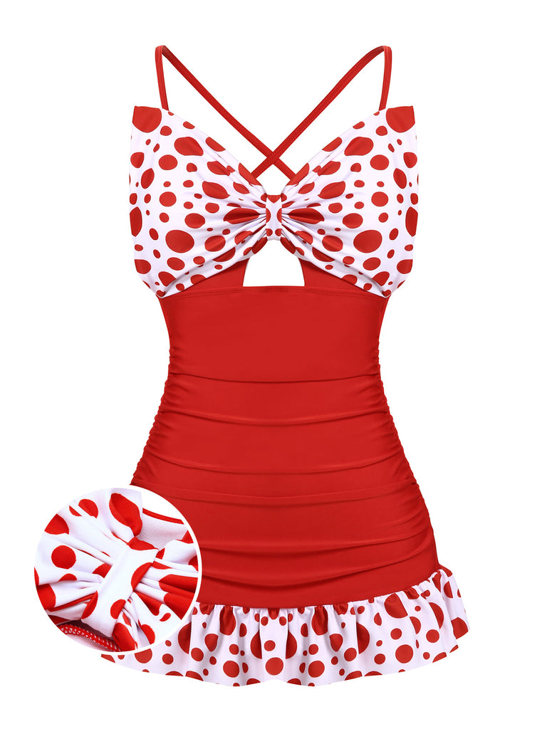 Costumi intero a pois fiocco patchwork rosso anni '30