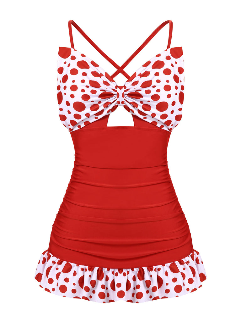 Costumi intero a pois fiocco patchwork rosso anni '30