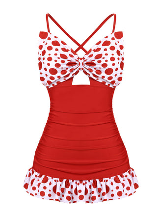 Costumi intero a pois fiocco patchwork rosso anni '30