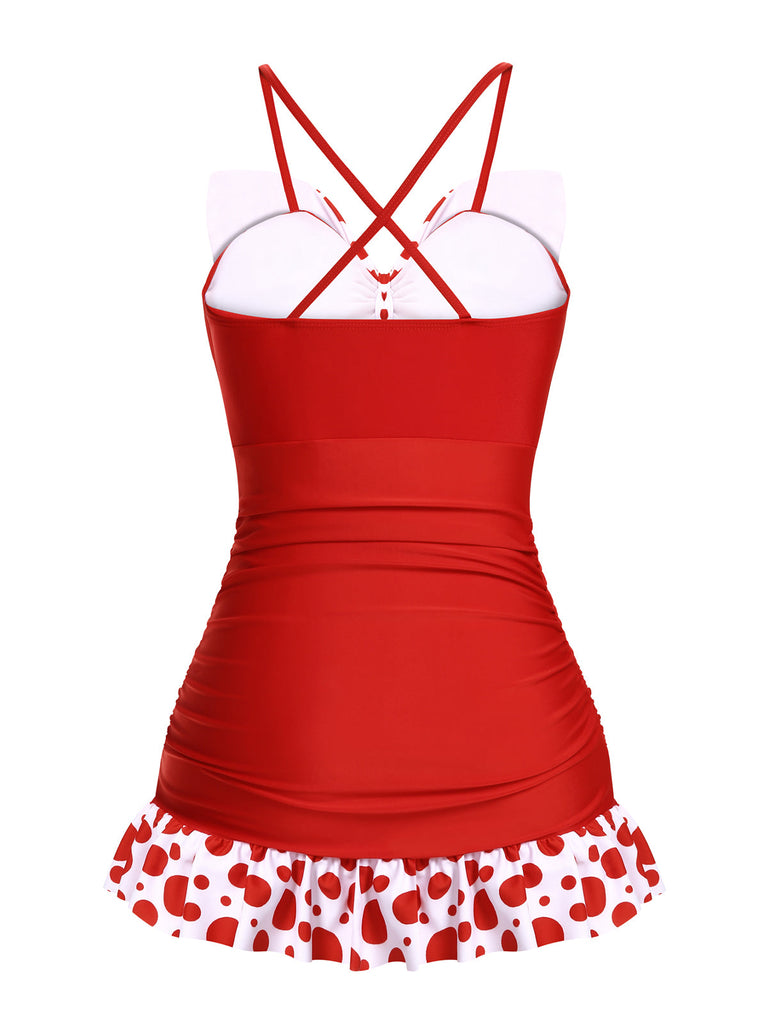 Costumi intero a pois fiocco patchwork rosso anni '30