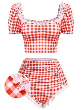 2PCS Costumi in pizzo plaid patchwork anni '60