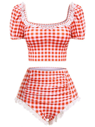 2PCS Costumi in pizzo plaid patchwork anni '60