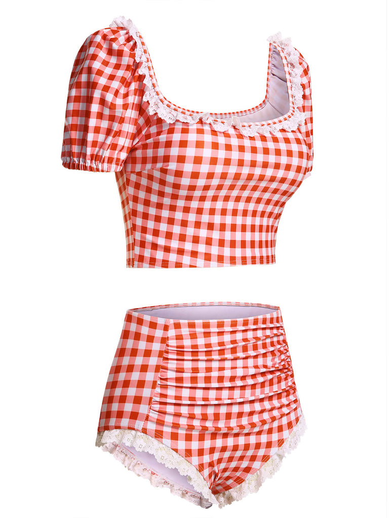 2PCS Costumi in pizzo plaid patchwork anni '60