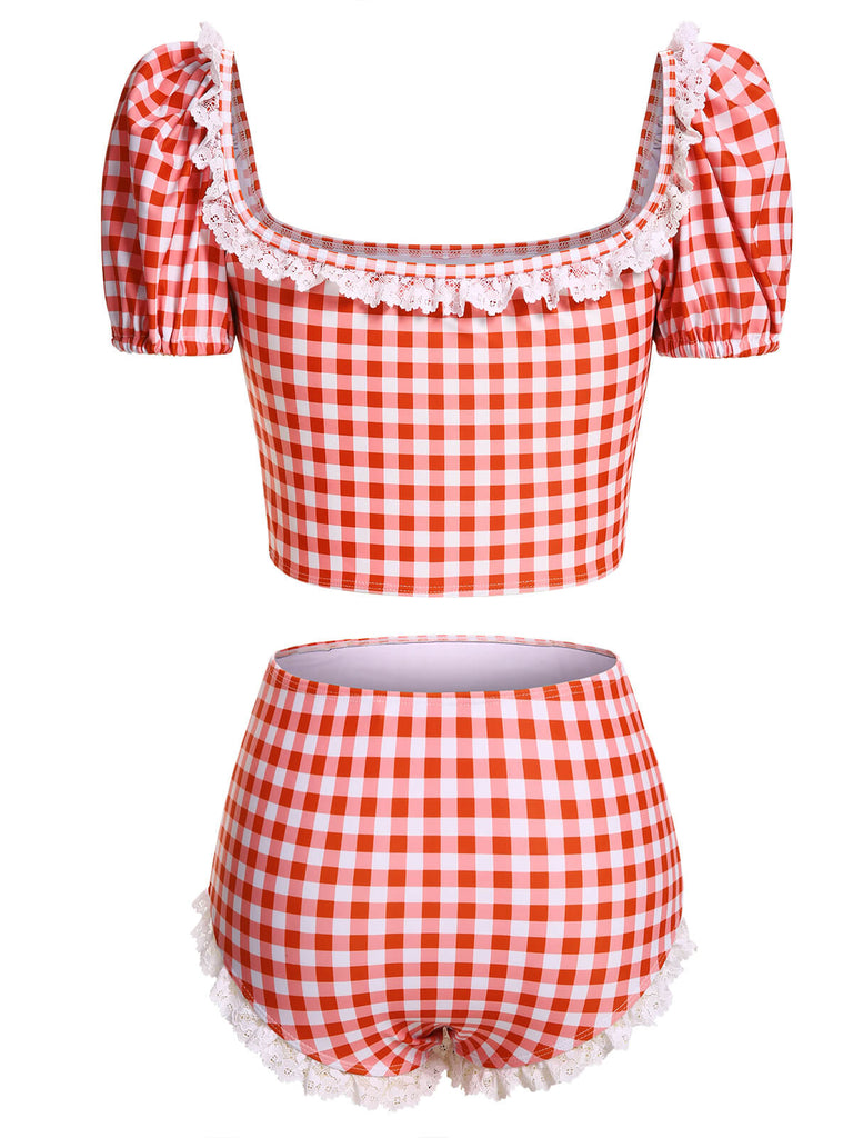 2PCS Costumi in pizzo plaid patchwork anni '60