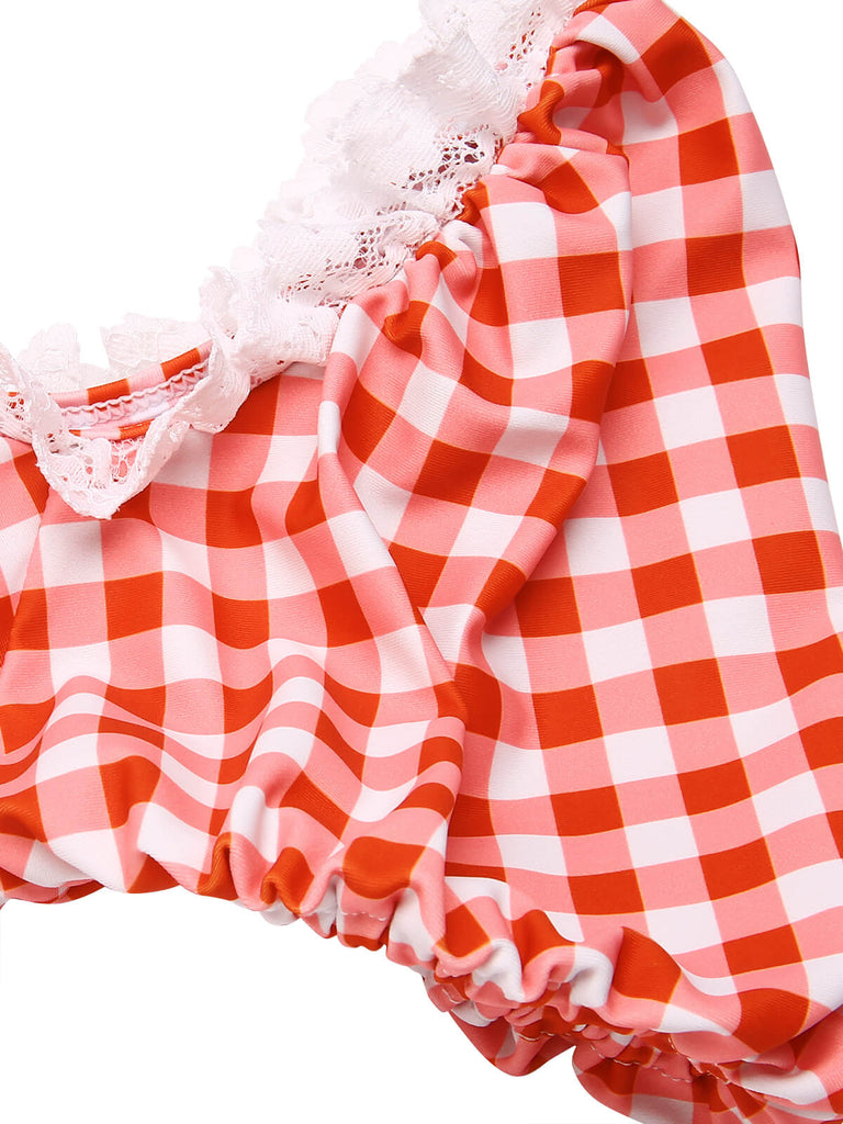2PCS Costumi in pizzo plaid patchwork anni '60
