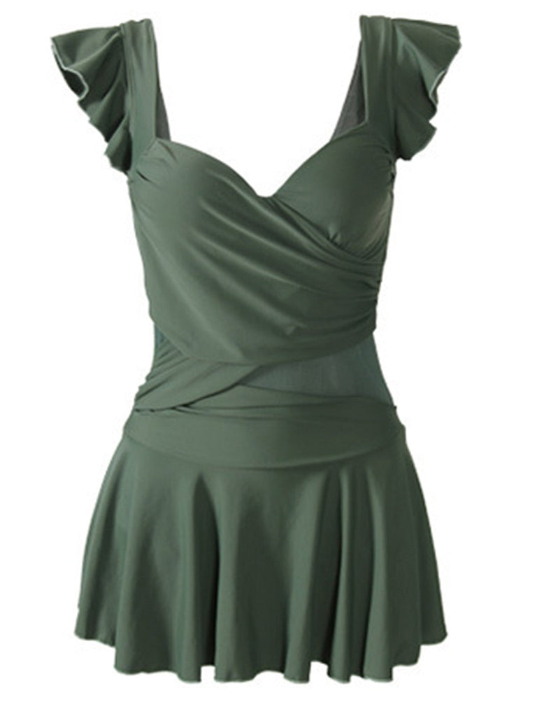 Costumi intero volant tinta unita verde anni '40