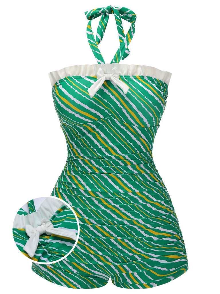 Costumi intero a righe spalle scoperte verde anni '30