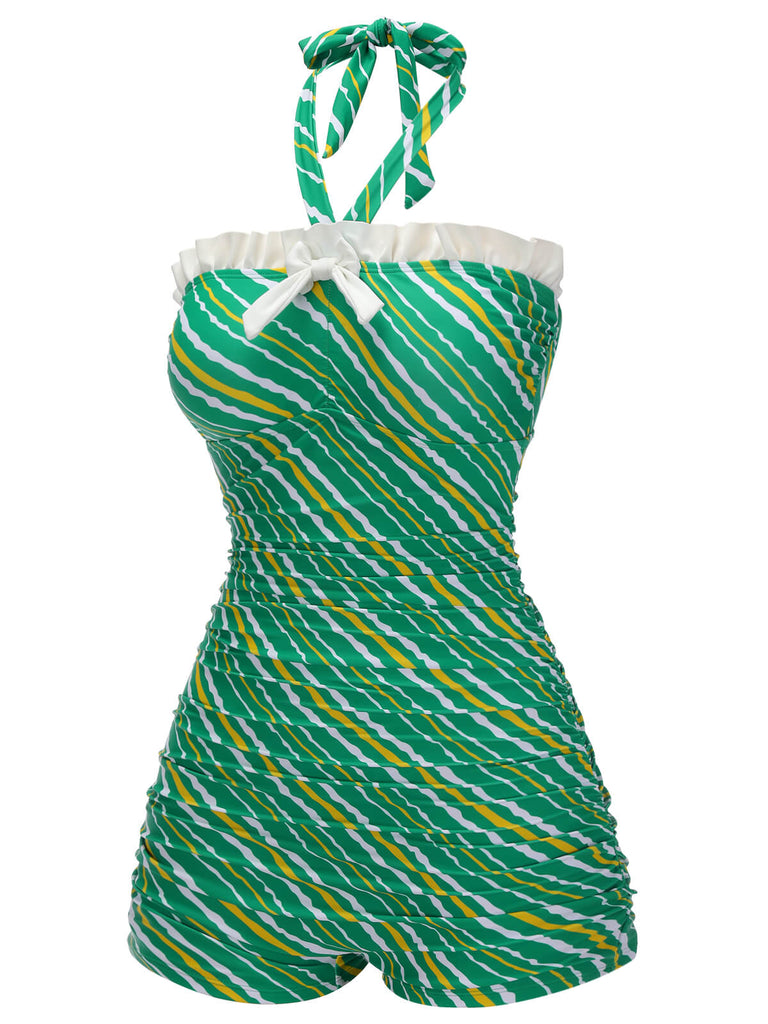 Costumi intero a righe spalle scoperte verde anni '30