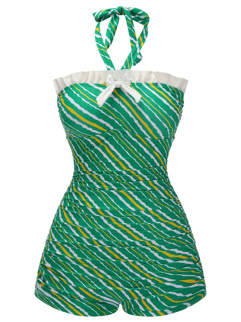 Costumi intero a righe spalle scoperte verde anni '30