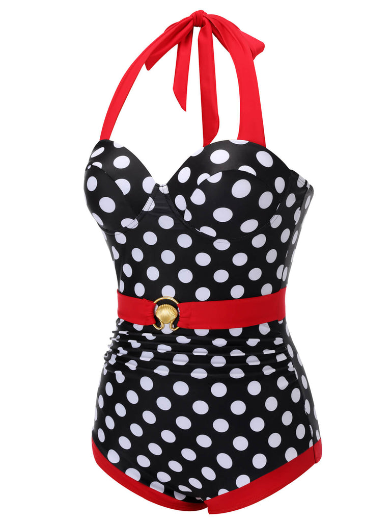 Costumi intero pois scollo all'americana nero e rosso anni '50