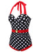 Costumi intero pois scollo all'americana nero e rosso anni '50