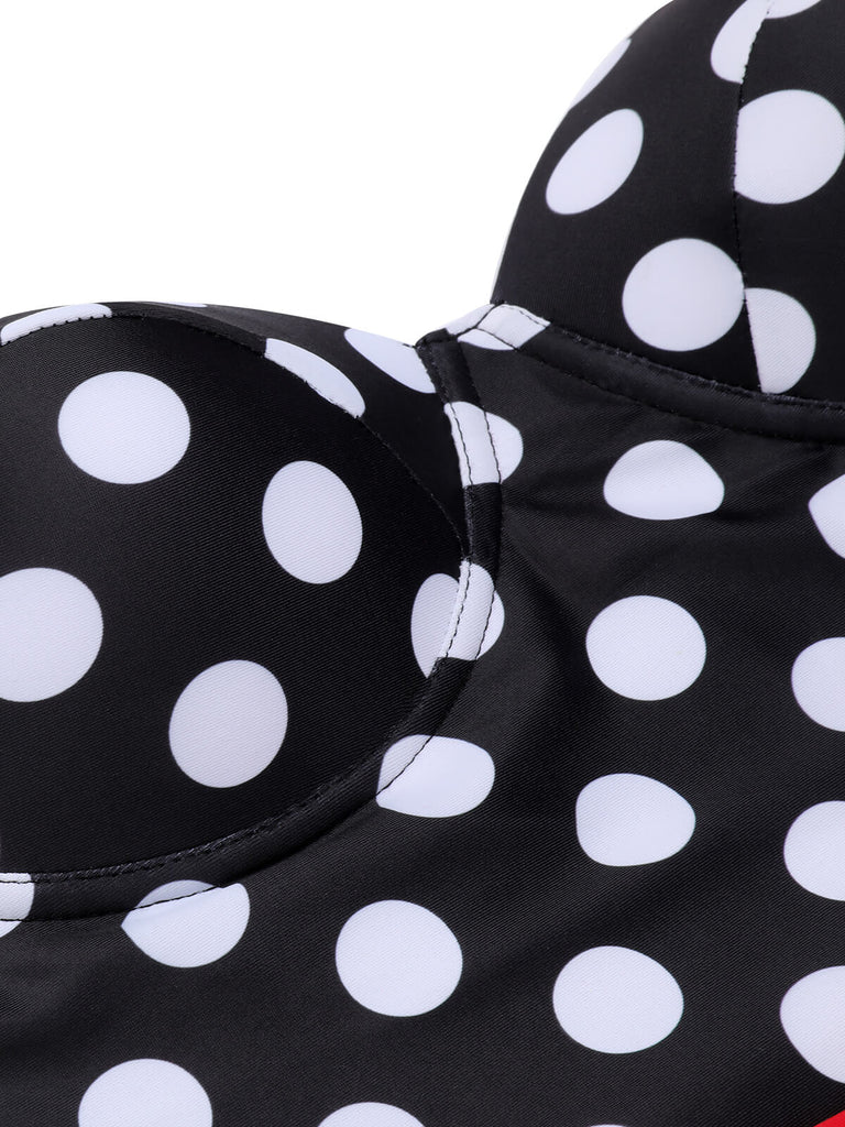 Costumi intero pois scollo all'americana nero e rosso anni '50